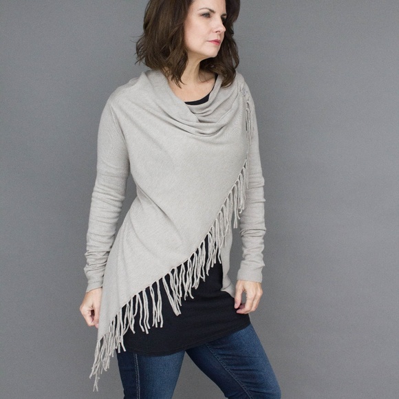 Michael Farrell Sweaters - Fringe criss cross cardigan with cowlneck
